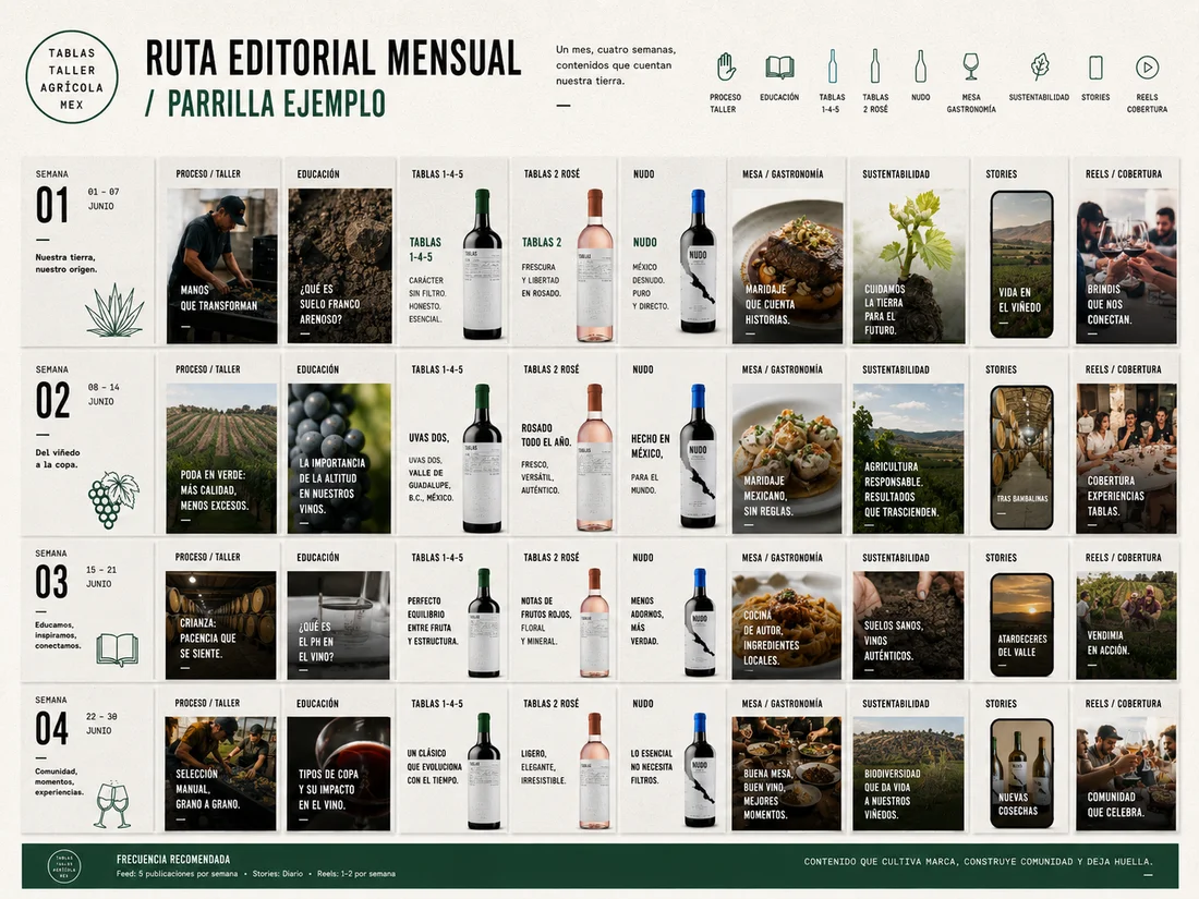 Ruta editorial mensual · parrilla ejemplo: un mes de contenido distribuido por semana y pilar